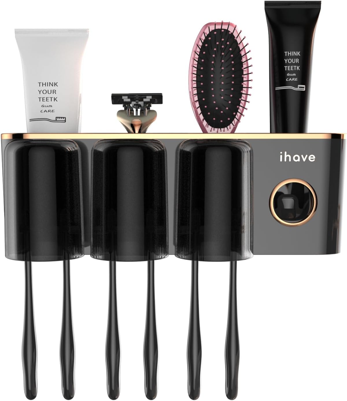 iHave Toothbrush Holders Bathroom Accessories with Toothpaste Dispenser, 3 Cups Toothbrush Holder Wall Mounted Bathroom Decor