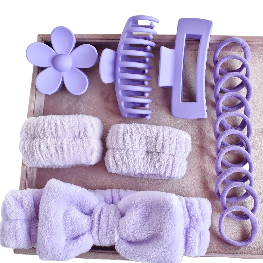 16pcs Skincare Headband Set, Headband Set for Face Washing Spa and Makeup, Including 1 Hairband, Wristband, 3 Hair Claw Clips and 10 Hair Ties, with Box, Gift for Women and Girls, Purple