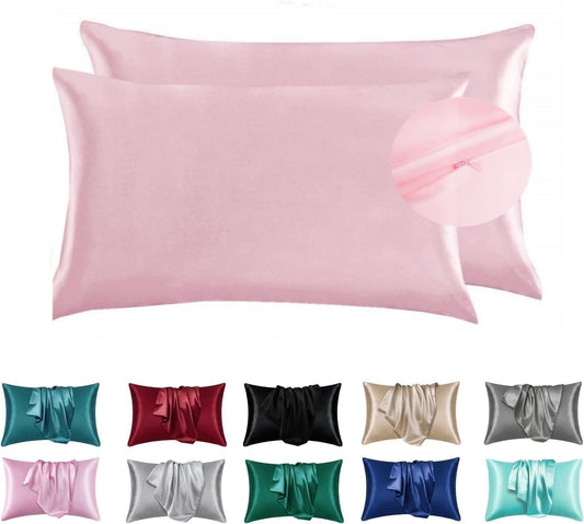Juwenin Bedding,Luxury Satin Pillowcase with Zipper (Silky Satin Pillow Case for Hair) Set of 2 (Pink, King(20''x36'))