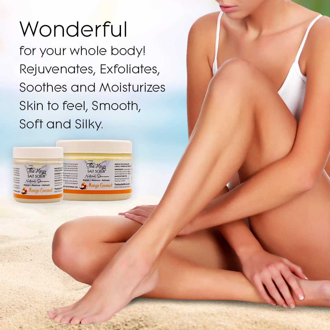 The Keys Salt Scrub -Sea Salt Scrub - Exfoliating Body Scrub with Wooden Spoon - Moisturizing Exfoliator for Hands, Foot, Bath, (12 Ounce (Pack of 1), Mango Coconut)