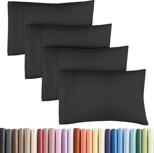 Queen Pillow Cases Set of 4 - Ultra Soft Hotel Quality Pillowcase Covers - Comfy, Cozy & Wrinkle Free - Shrinkage, Stain and Fade Resistant - Machine Washable Pillow Protectors - 4 Piece Set - Black