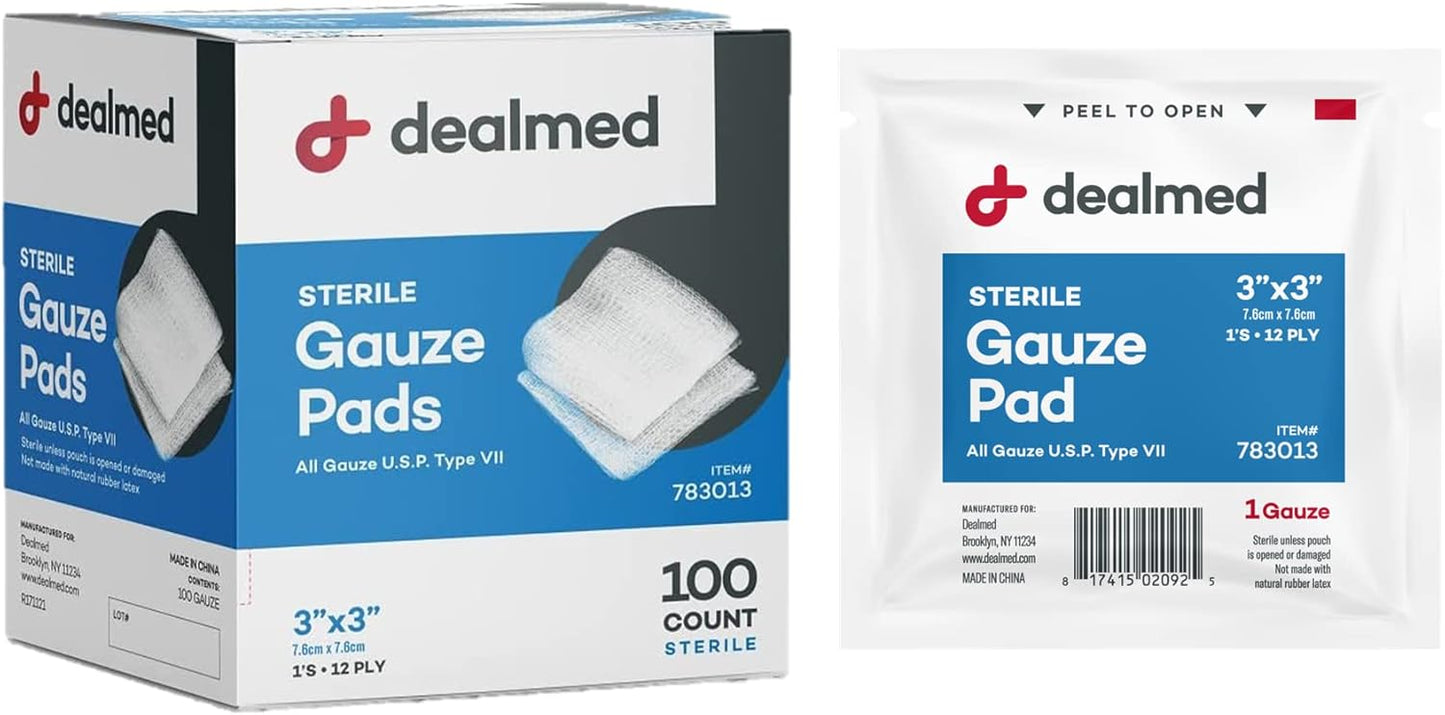 Dealmed 3’’ x 3’’ Sterile Gauze Pads (100 Count) Disposable and Individually Wrapped Medical Gauze Pads, Wound Care Product for First Aid Kit and Medical Facilities (Pack of 1)