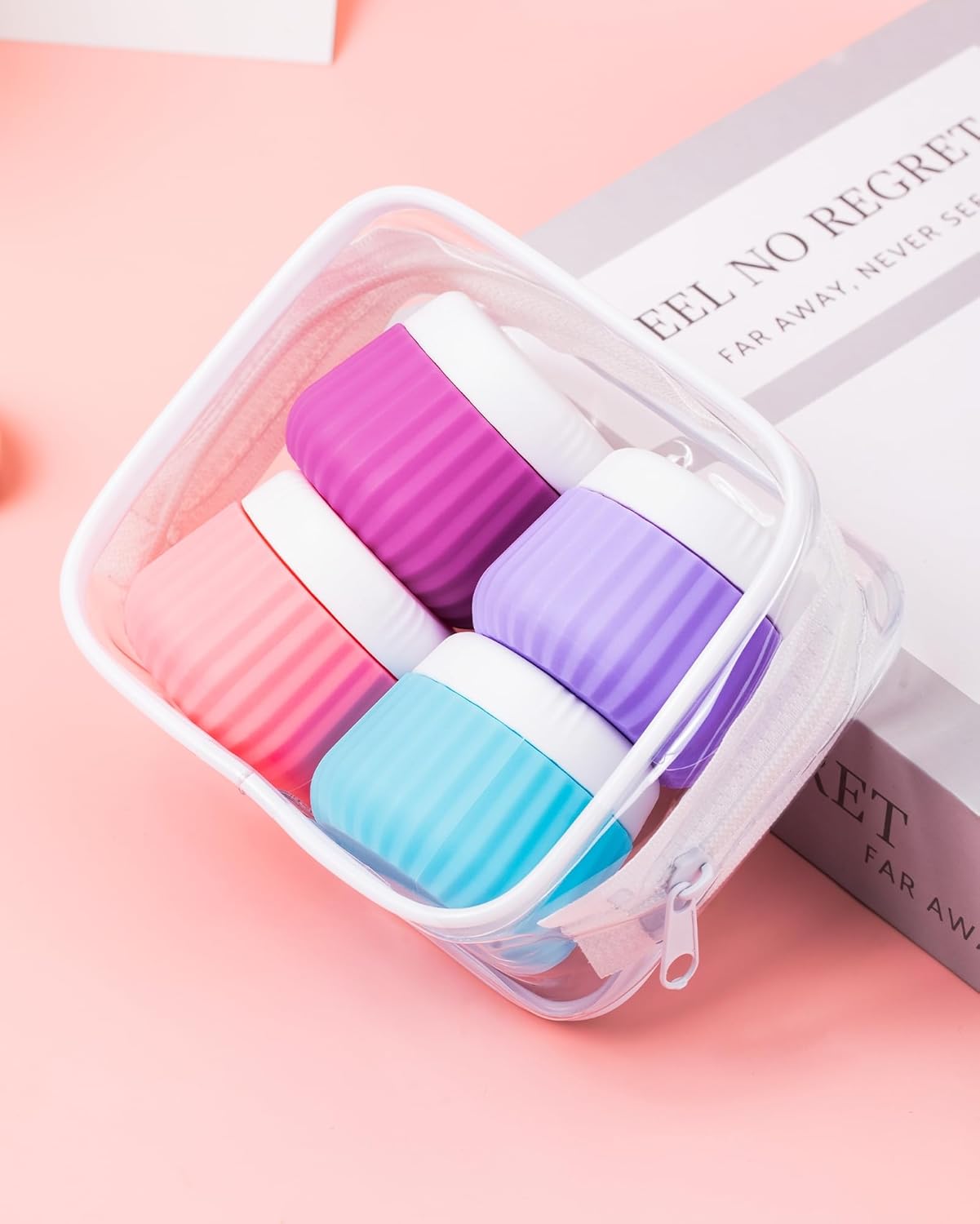Travel Containers for Toiletries 4 Pack, TSA Approved Travel Size Toiletries, Travel Size Containers, With Clear Bag Leak Proof Silicone Jars, Travel Essentials Creams Jars Carrying Small Items