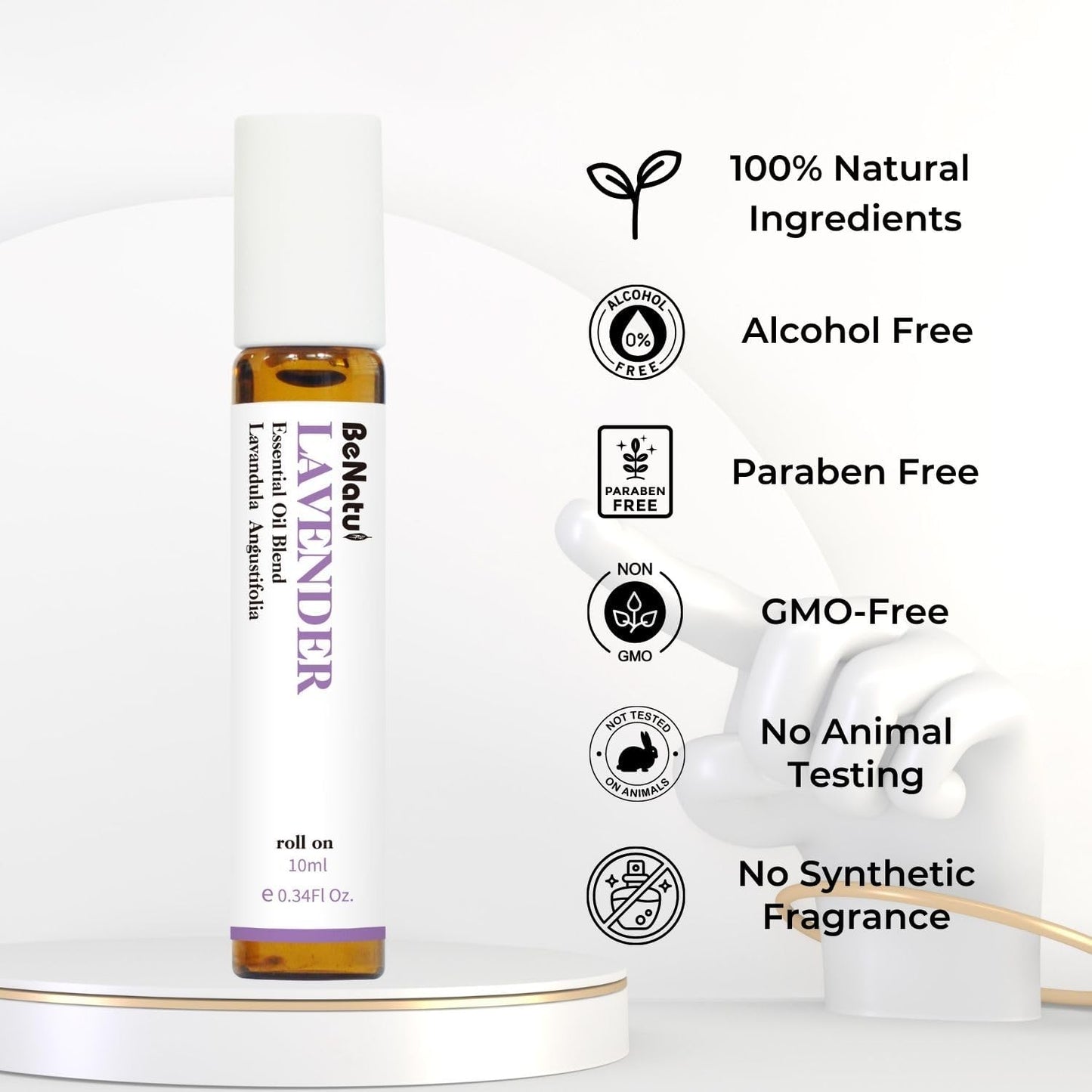 Benatu Lavender Essential Oil Roll On, Pre-Diluted Natural Aromatherapy Blend Travel Size Roller for Skin Care, Hair, Body Topical Massage - Soothe, Calm, Relax 10ml