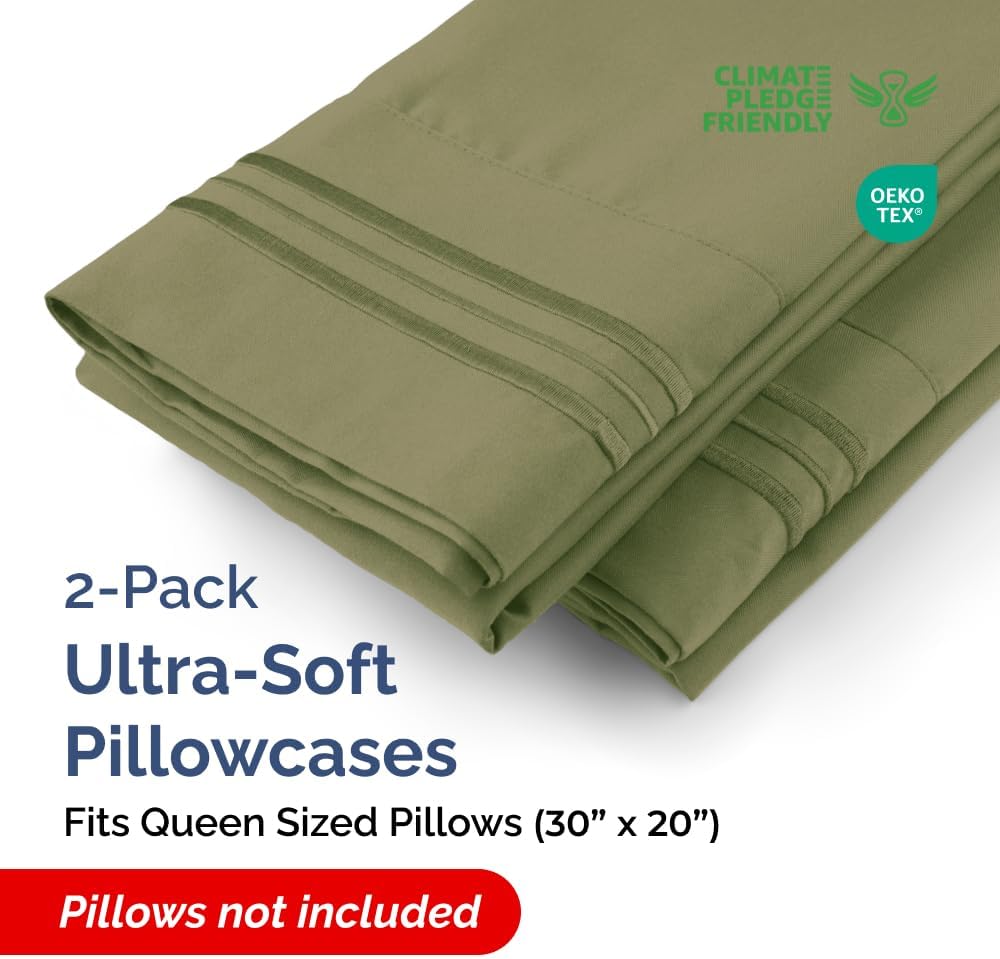 Queen Pillow Cases Set of 2 - Ultra Soft Hotel Quality Pillowcase Covers - Comfy, Cozy & Wrinkle Free - Shrink, Stain & Fade Resistant - Machine Washable Pillow Protectors - 2 Piece Set - Sage Green