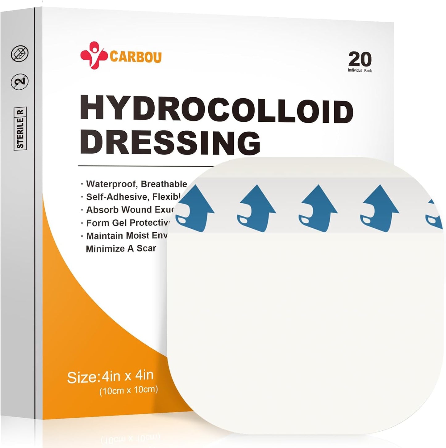 Carbou Hydrocolloid Wound Dressing 4"x4", 20 Individual Pack, Self-Adhesive Ultra Thin Hydrocolloid Bandages, Waterproof Absorbent Hydrocolloid Patch for Wound Care, Bedsore, Burn, Abrasion & Blister