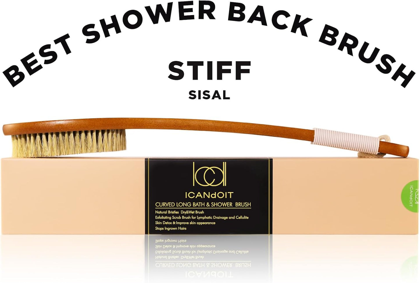 ICANdOIT-17.71Inch Natural Stiff Sisal Bristles Anti-Slip Curved Long Handle Bath Brush,Bent Handle Shower Scrubber for Exfoliating,Shower Back Brush