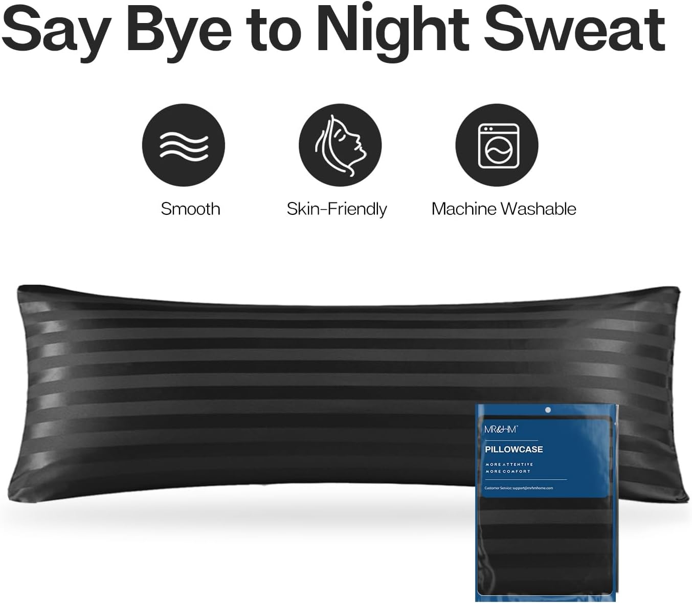 MR&HM Satin Body Pillow Cover, Soft and Breathable Body Pillow Case with Envelope Closure, Cooling and Silky Long Pillowcase for Hair and Skin,Grey (20x54, Black Striped)