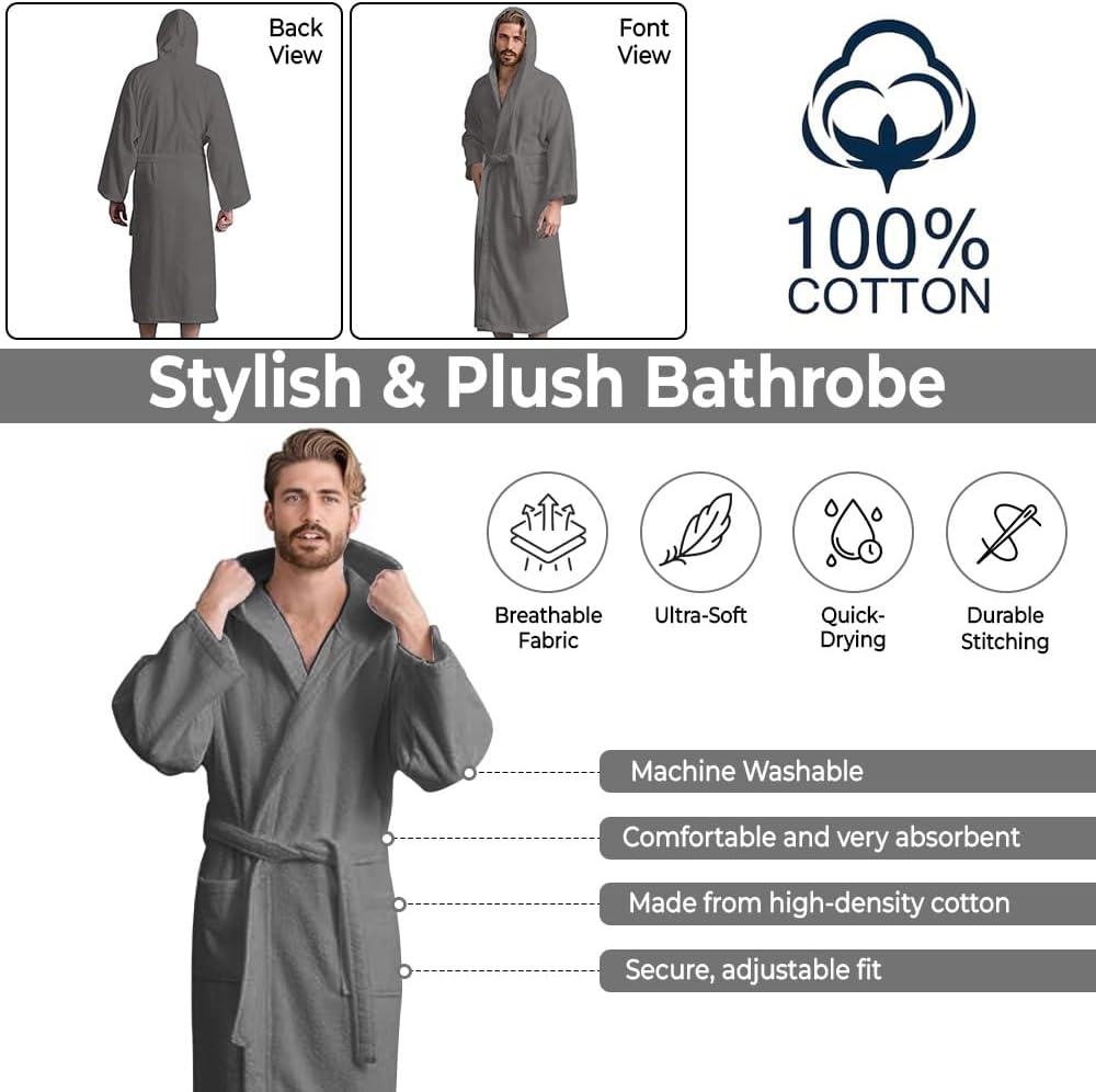 Men’s Hooded Bathrobe, 100% Cotton Terry Bathrobe, Spa Style Bath Robe, Absorbent Shower Robe, Lightweight Towel Bathrobes