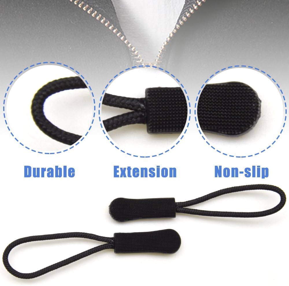Ruidee 50 Pieces Zipper Pulls Zipper Tabs Zipper Pull Cord Extender Replacement Zipper Pulls for Backpacks, Jackets, Luggage, Purses, Handbags（Black）