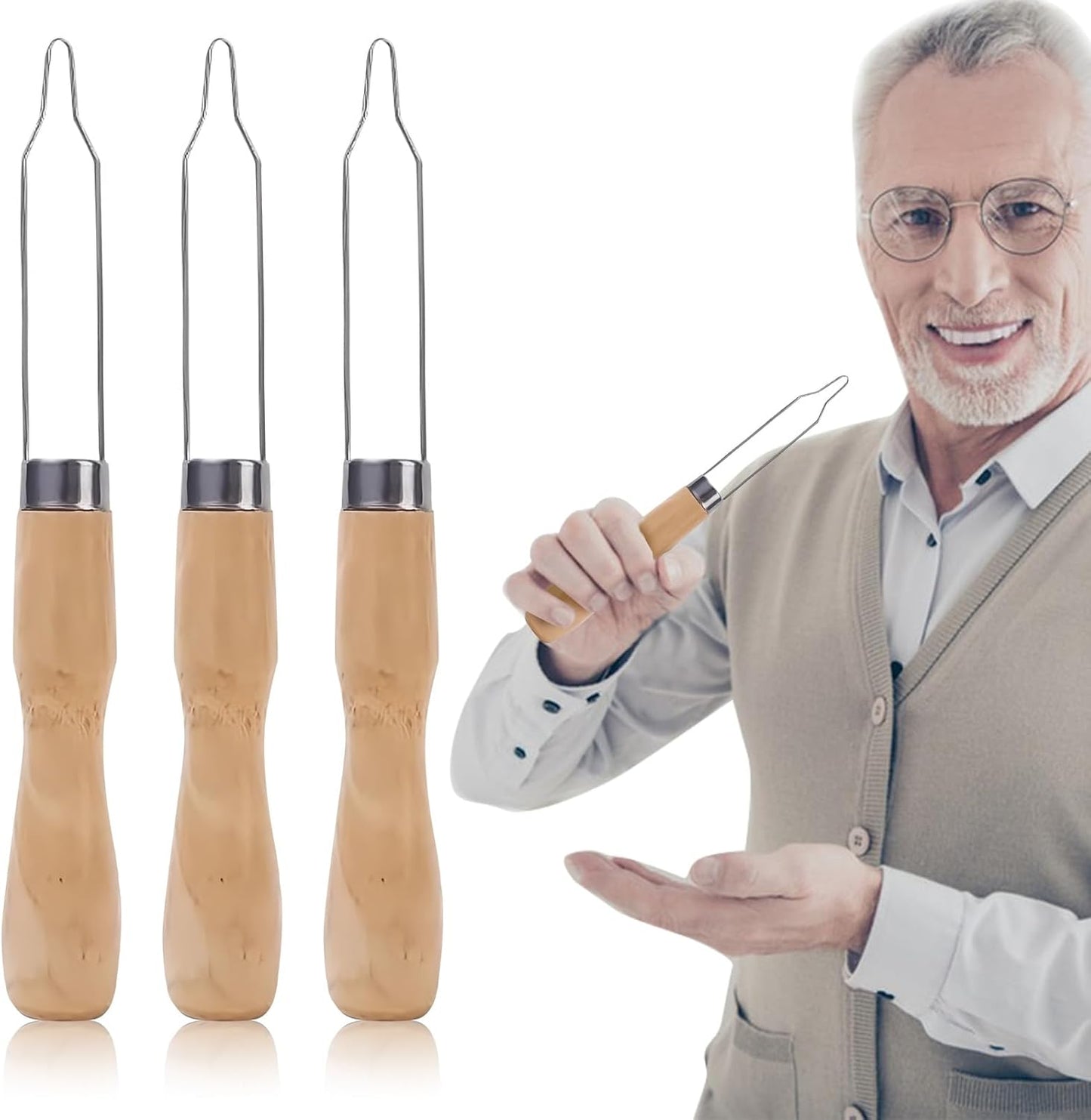 3-Pack Button Hook Assist Device with Easy-Grip Wooden Handle for Shirts, Coats, Dresses - Ideal Button Aids for Arthritis & Limited Dexterity