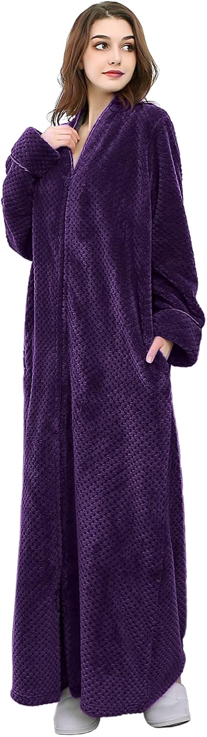 Artfasion Womens Fleece Robe Plush Long Zip Front Bathrobe with Pockets Warm Soft Zippered Bathrobes for Women