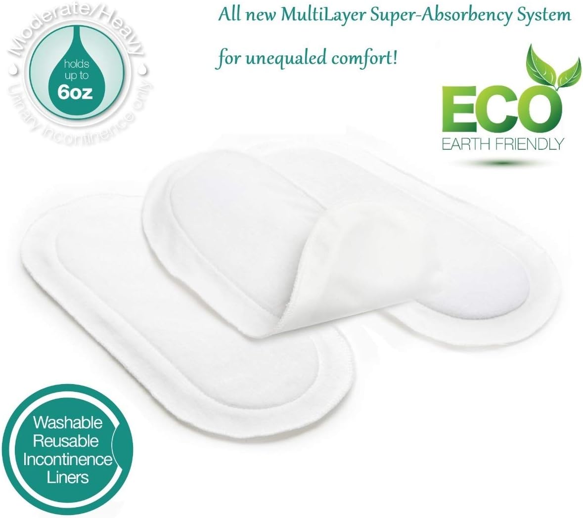 Comfort Finds Reusable Incontinence Liners - Unisex - Size 11" x 5" (Pack of 12, White)