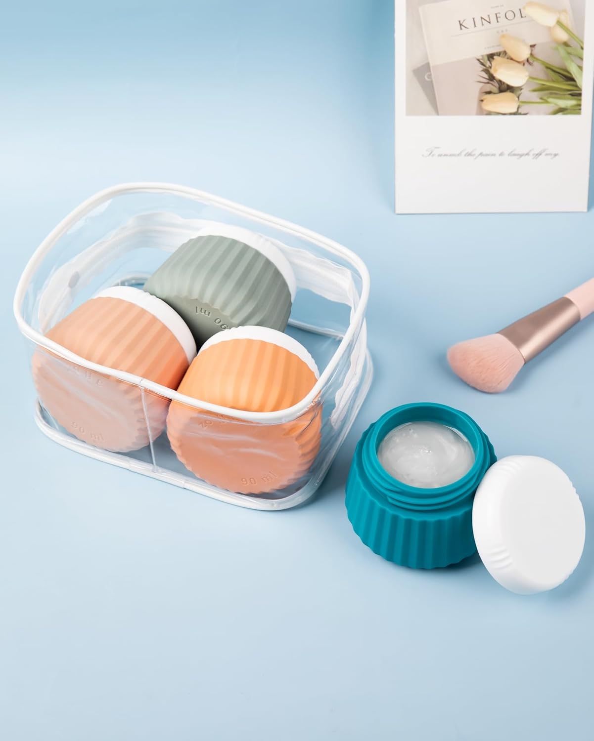 Travel Containers for Toiletries 4 Pack, TSA Approved Travel Size Toiletries, Travel Size Containers, With Clear Bag Leak Proof Silicone Jars, Travel Essentials Creams Jars Carrying Small Items