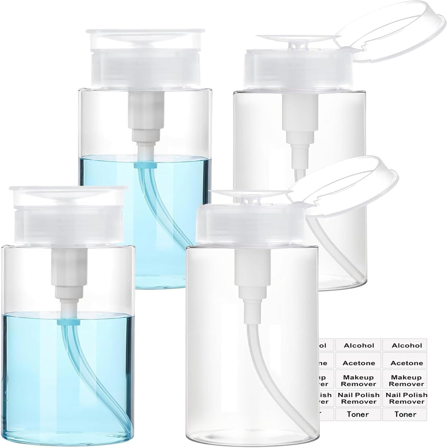 Push Down Pump Dispenser, 6.8oz Clear Pump Bottles with Alcohol, Acetone, Nail Polish Remover, Makeup Remover, Toner Stickers Empty Push Top Container for Liquid (200ml-4Pack)