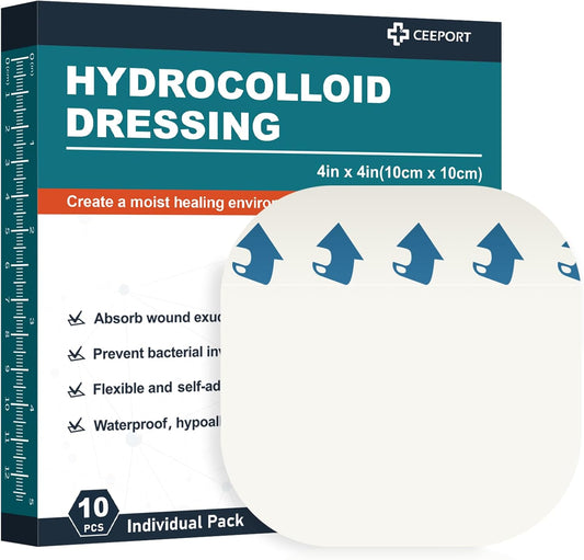 10 Pack Hydrocolloid Wound Dressing, 4" x 4" Ultra Thin Hydrocolloid Bandages with Self-Adhesive, Waterproof Hydrocolloid Patch for Bed Sore, Mild Burn, Blister, Acne Care