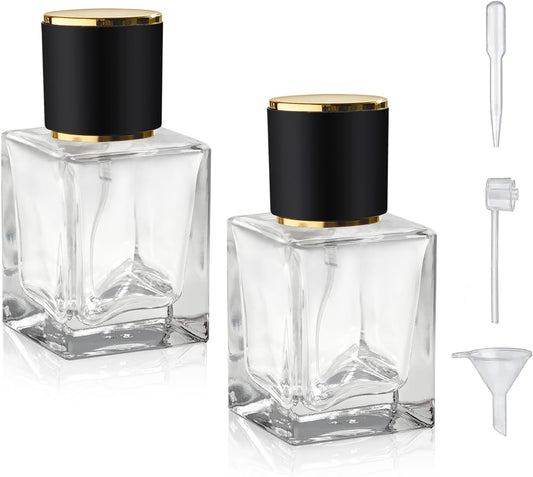 2 Pack 30ml/1 Oz Glass Spray Bottle Perfume Atomizer,Empty Travel Refillable Perfume Spray Bottle with 3 Kinds of Dispenser (Black Cap, 30ml)
