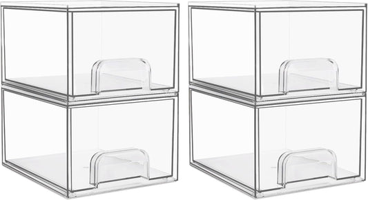 Vtopmart 4 Pack Small Clear Stackable Storage Drawers,Acrylic Bathroom Makeup Organizer,Plastic Storage Bins For Vanity, Undersink, Kitchen Cabinets, Pantry, Home Organization