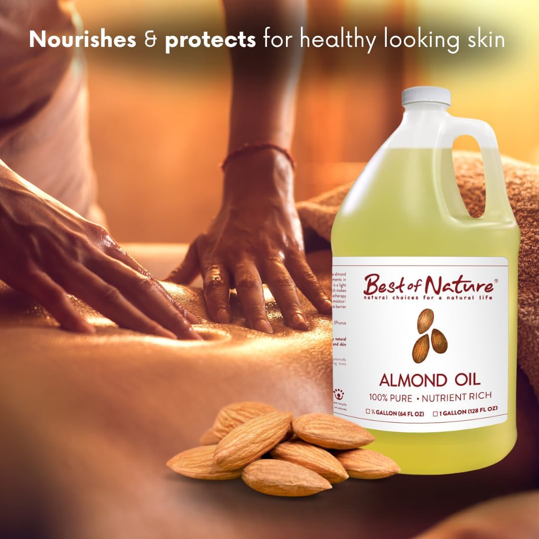 Best of Nature 100% Pure Sweet Almond Oil – Moisturizing Massage & Body Oil, Unscented for Hair, Skin, Face, Soap Making, Aromatherapy, Ideal Carrier for Essential Oils, Half Gallon (64 fl oz)