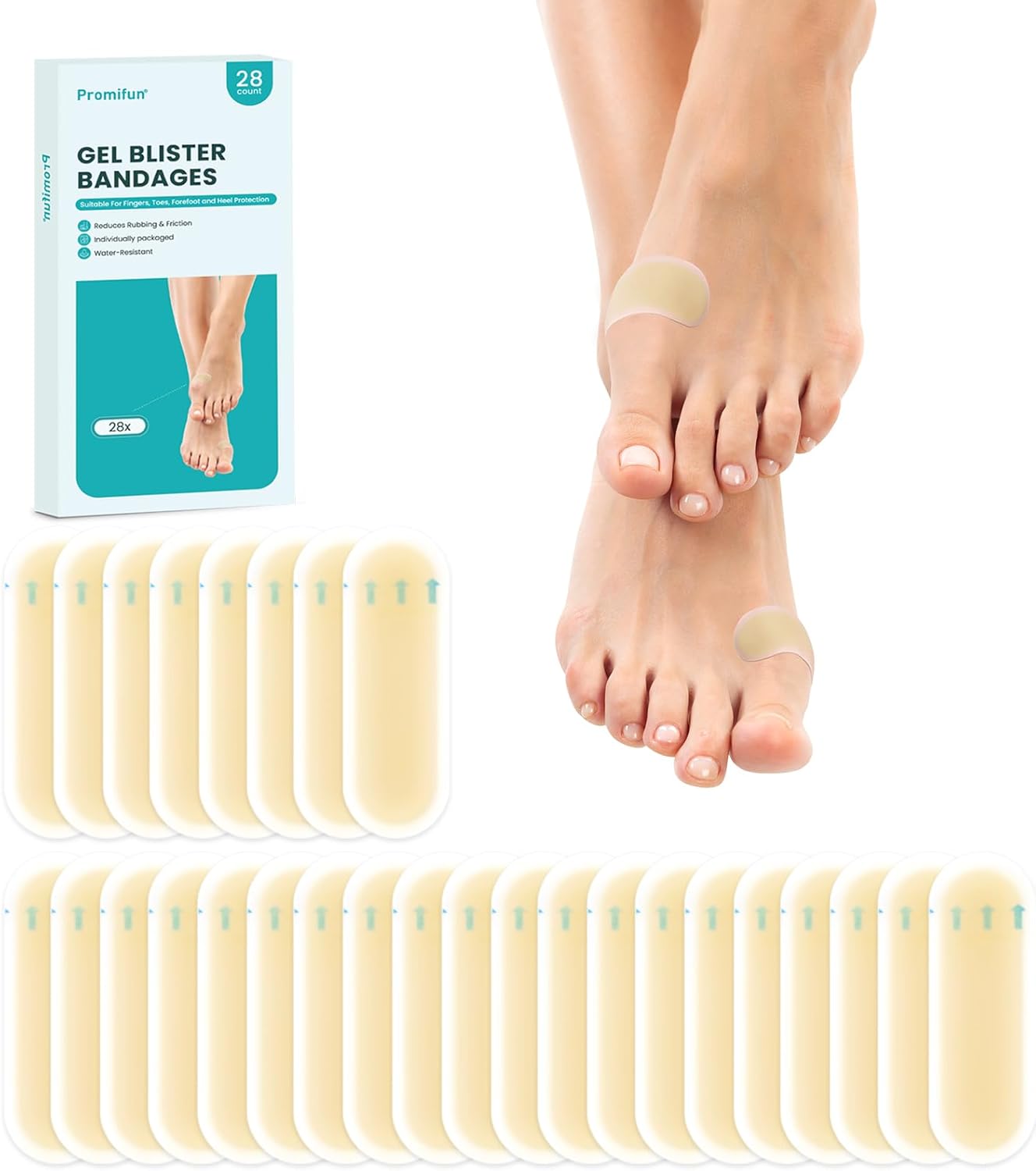 Blister Bandages - 28 ct Hydrocolloid Cushions for Foot, Toe, Heel - Water Resistant Gel Pads for Prevention & Recovery, Bunion Pack