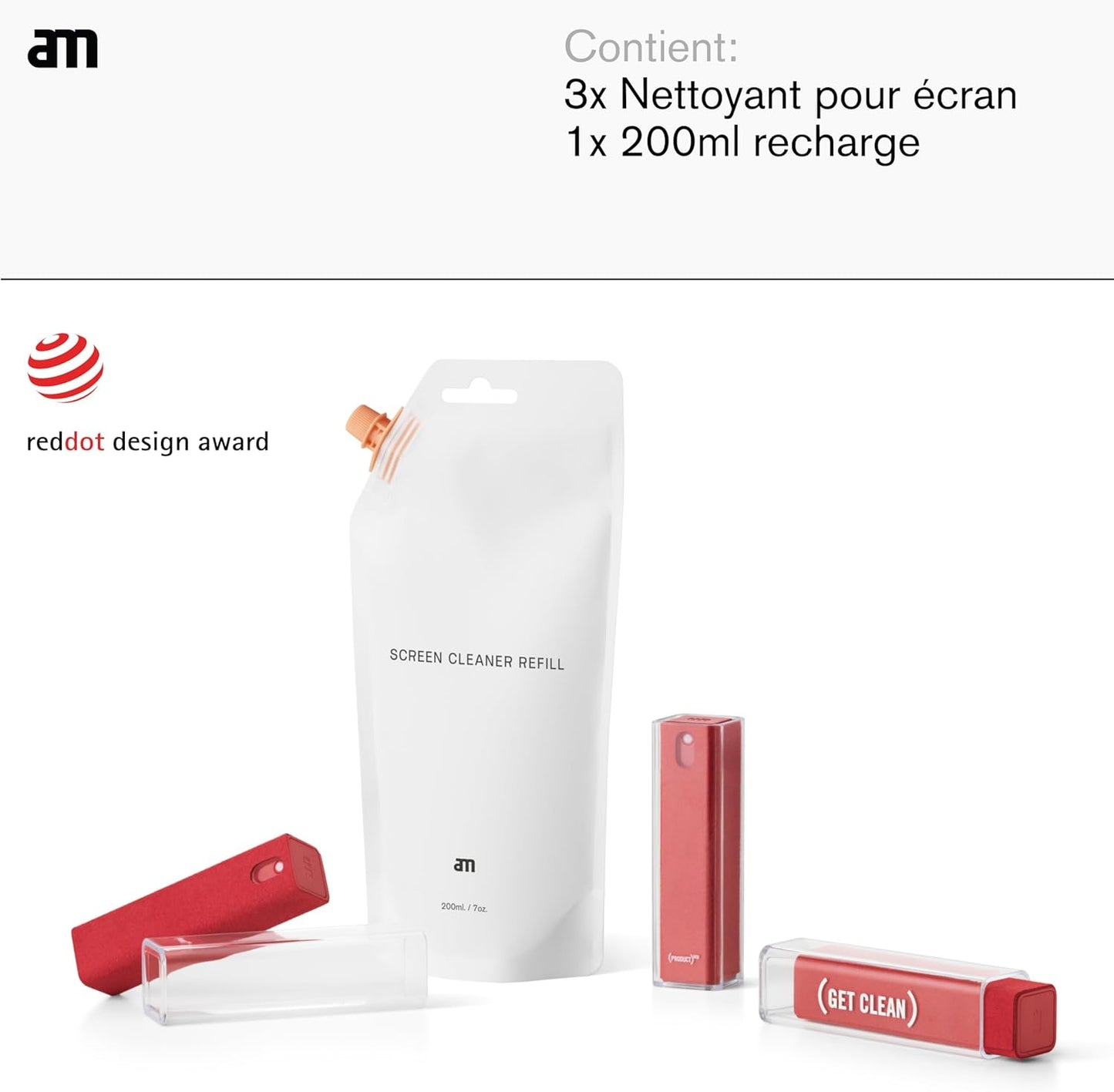 am Screen Cleaner with 7 oz Refill – Alcohol-Free Spray & Microfiber Cloth for iPhone 15 & 14, iPads, Tablets, Laptops, Phones, Smart TVs, Car Displays – Streak-Free, Non-Toxic, Eco-Friendly, Red