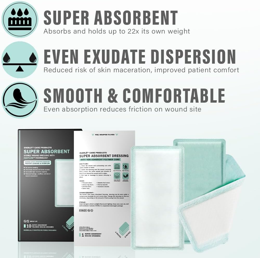 EquiFlow Super Absorbent Dressing for Heavily Exuding Wound | Fast-Absorbing Non-Adhesive Polymer Dressing with Nonstick Gauze Pad | High Absorption & Retention | Pack of 10 (4" x 8")