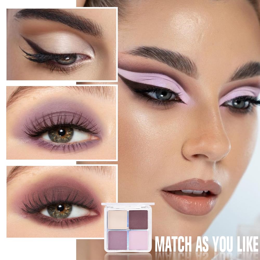 4 Colors Light Violet Pink Purple Brown Eye Shadow Powder Palette Makeup, Neutral Matte Shimmer Quads Eyeshadow Palette for Women Highly Pigmented Waterproof, paleta de sombras de ojos,Vegan 02