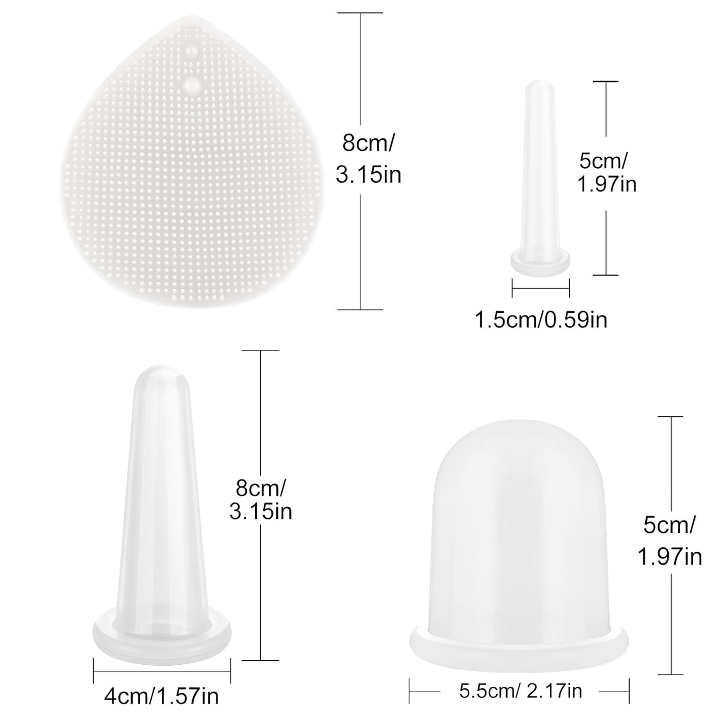 BBTO Silicone Facial Cupping Set, Vacuum Massage Cup Kit for Body, Face, Neck, Back, and Eye, 6 Cups and Exfoliating Brush (Clear)