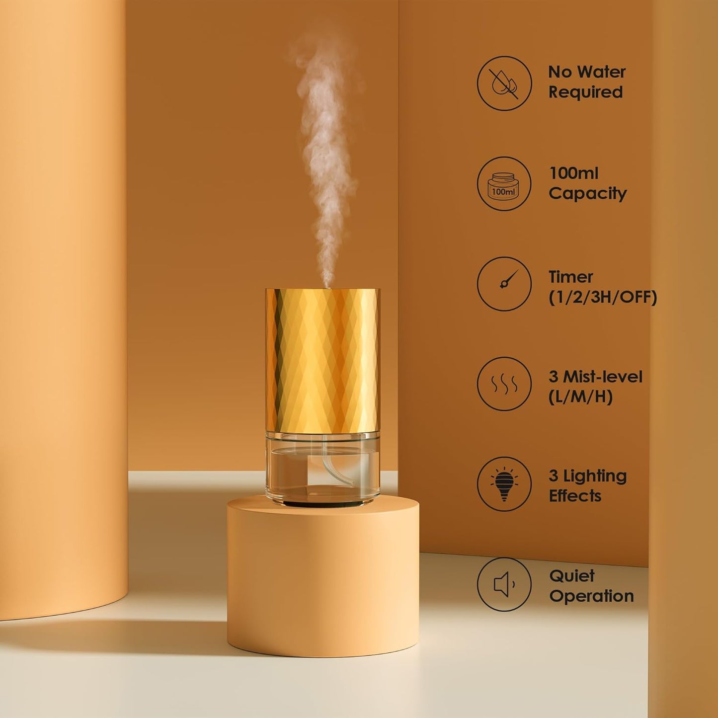 Airversa Waterless Diffuser Essential Oil 100ml Capacity Scent Air Machine for Home Aromatherapy Premium Metal Nebulizer Battery Operated 3 Mist Settings Timers Color Light AN5(Gold)