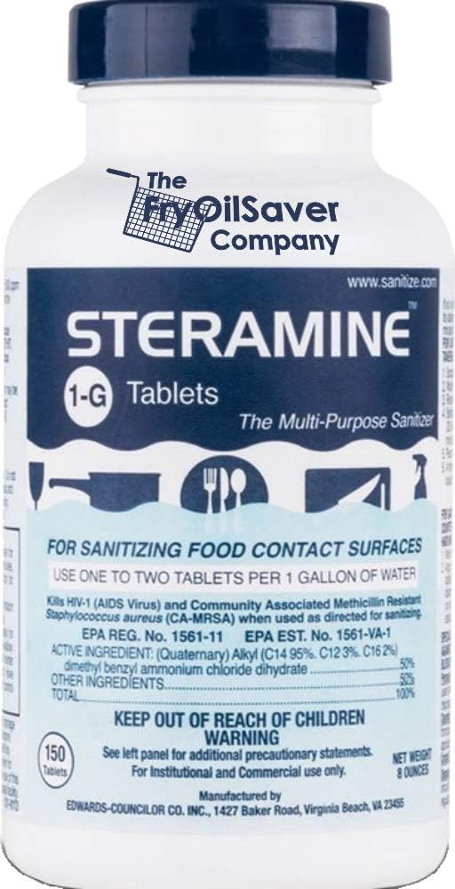 1 Bottle Steramine Sanitizer Tablets - Multi Purpose Steramine Sanitizing Tablets for Food Contact Surfaces, Bar, Hotel Kitchen, Busy Diners, Restaurants & FoodTrucks by FryOilSaver (150 Count)