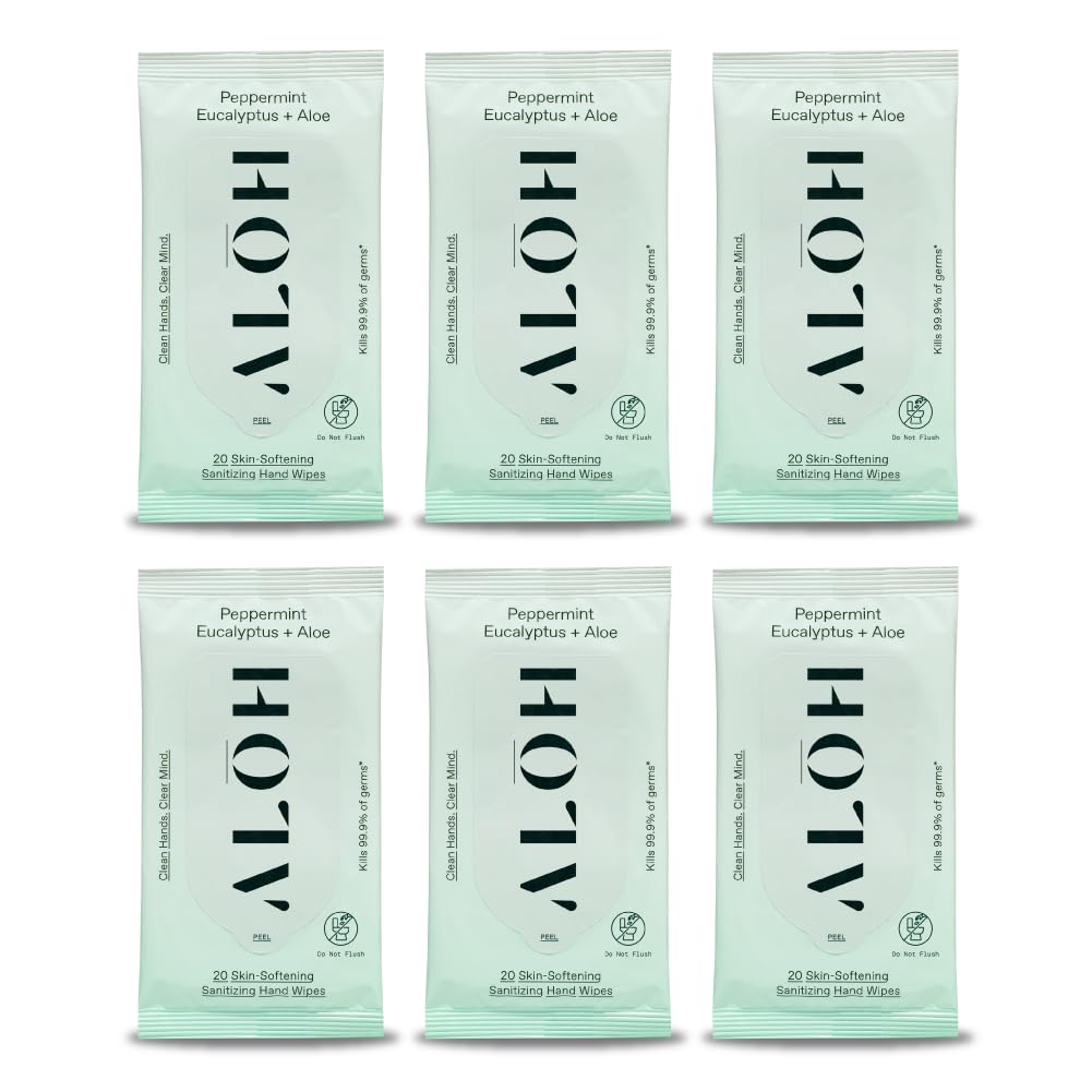 ALŌH Peppermint Eucalyptus Sanitizing Hand Wipes - Clean Hands, Clear Mind On The Go Sanitizer for Kids and Adults - Travel Size 6 packs of 20ct Wipes (120 Wipes)