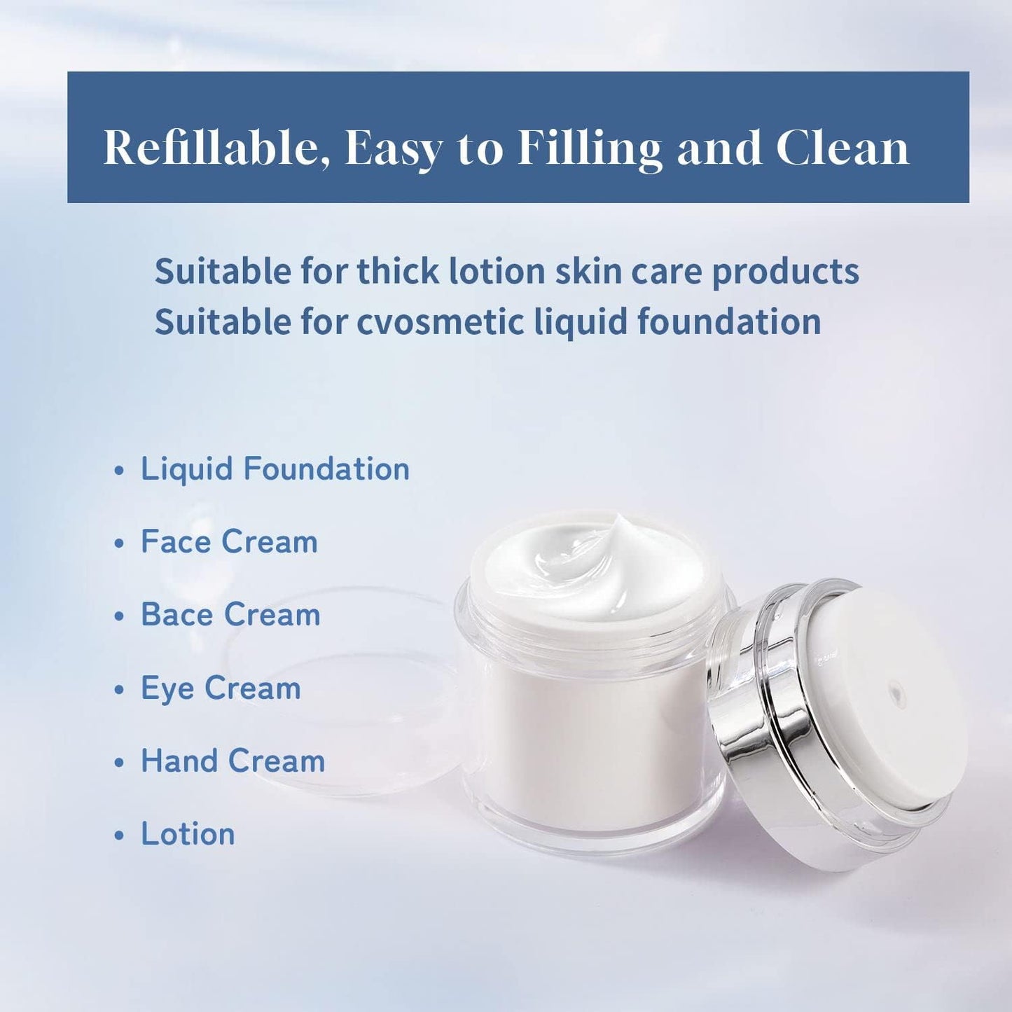 2Pack Airless Pump Jars with Cosmetic Spatula, 3.5 oz Empty Refillable Cosmetic Air Pump Jars Bottles Airless Lotion Cream Dispenser Portable Travel Makeup Containers (Silver)