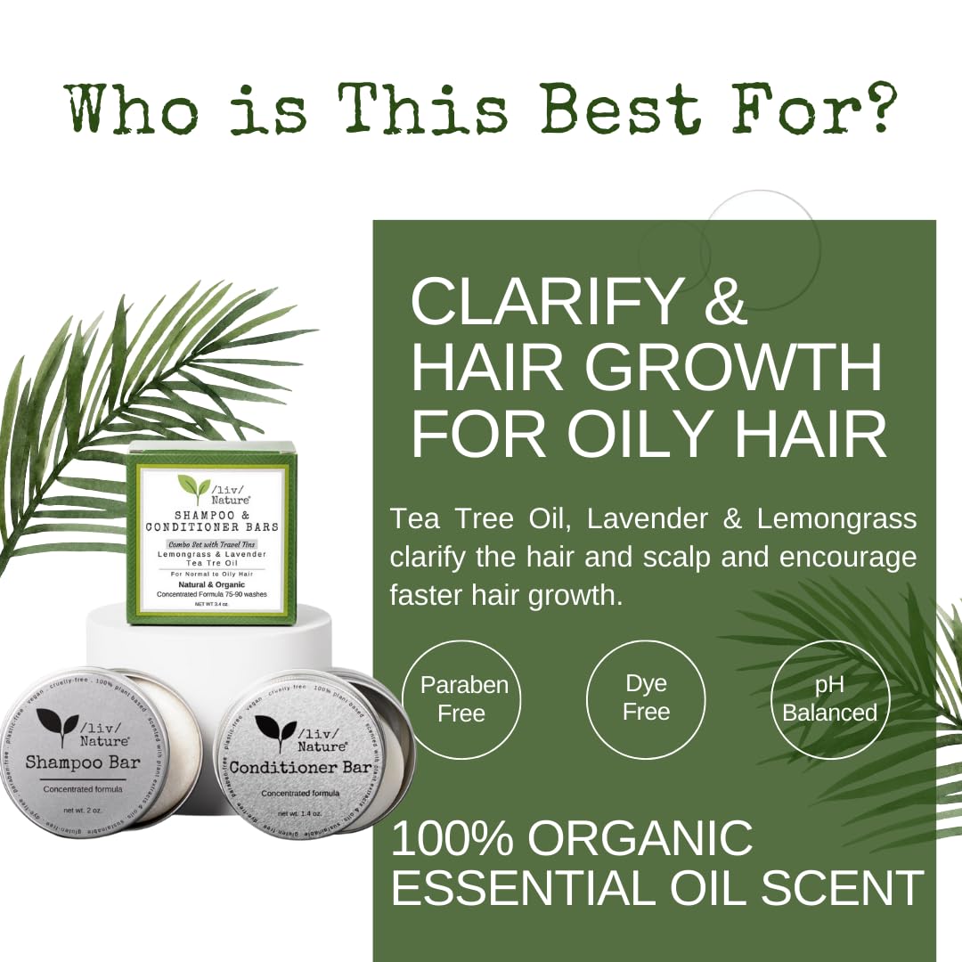 Shampoo Bar and Conditioner with Travel Tins | Lemongrass, Lavender, Tea Tree Oil | Clarifying & Growth | For Oily Hair | USA 2-pk