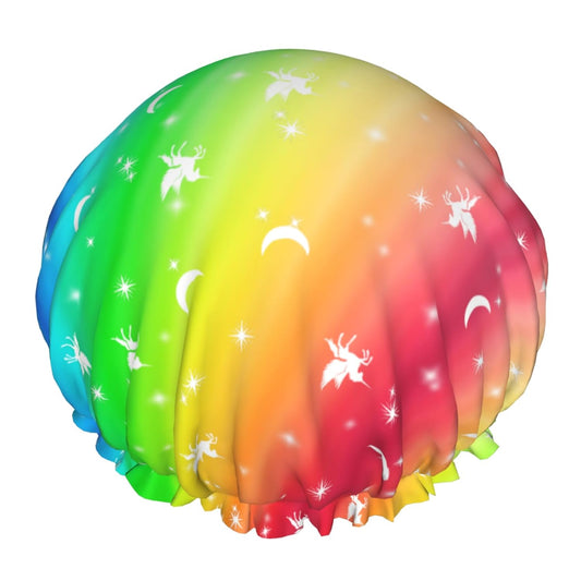 Rainbow Shower Caps Colorful Dual-Layer Waterproof Bath Hat Reusable Hair Caps Elastic Hair Hat for Shower Cooking Clean Makeup Travel