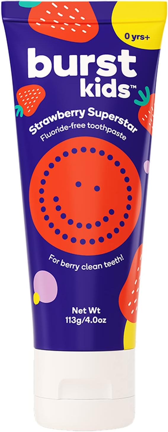 BURST Fluoride Free Strawberry Kids Toothpaste (4oz) | Great Tasting | Dye Free for Baby & Toddler Age 0+ | with Nano Hydroxyapatite