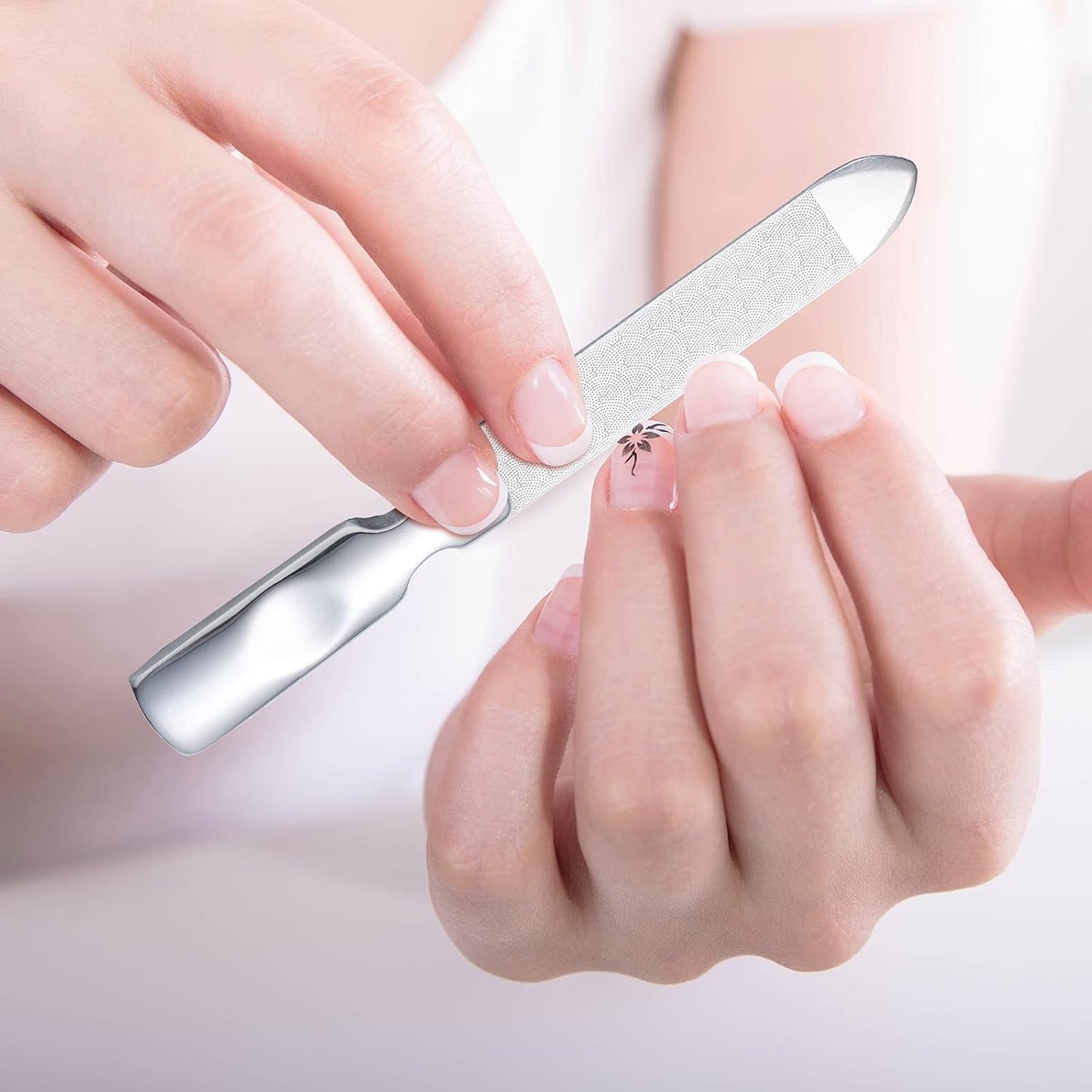 3 Pcs Stainless Steel Nail Files Kit with Leather Case, Double Sided Metal Nail Files with Anti-Slip Handle for Women and Men, Metal File Buffer Manicure Pedicure Tools for Fingernail Toenail(Pink)