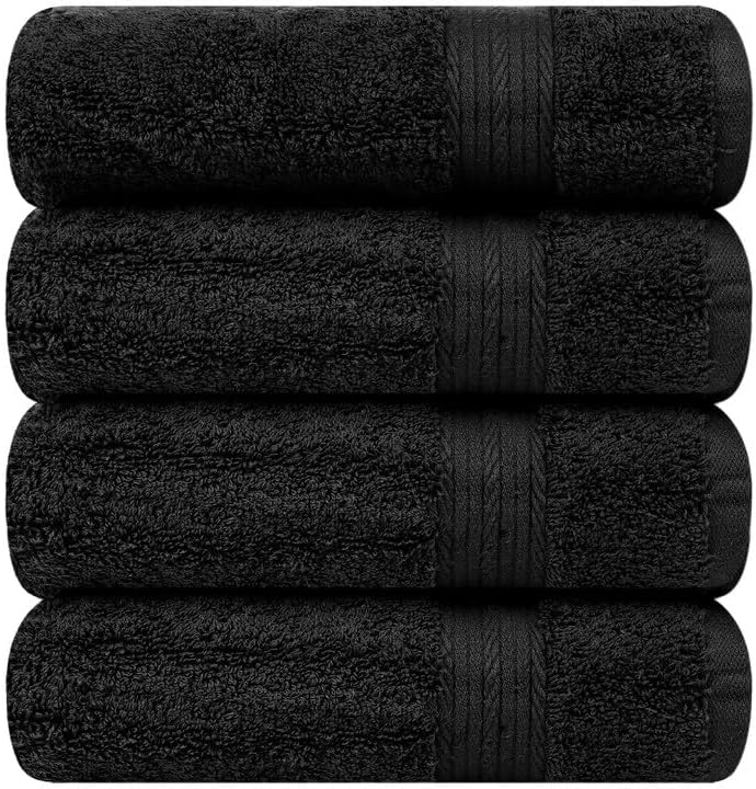 Ample Decor Bathroom Hand Towel 18 X 28 Inch 600 GSM 100% Cotton, Soft Absorbent - 4 Pcs Black