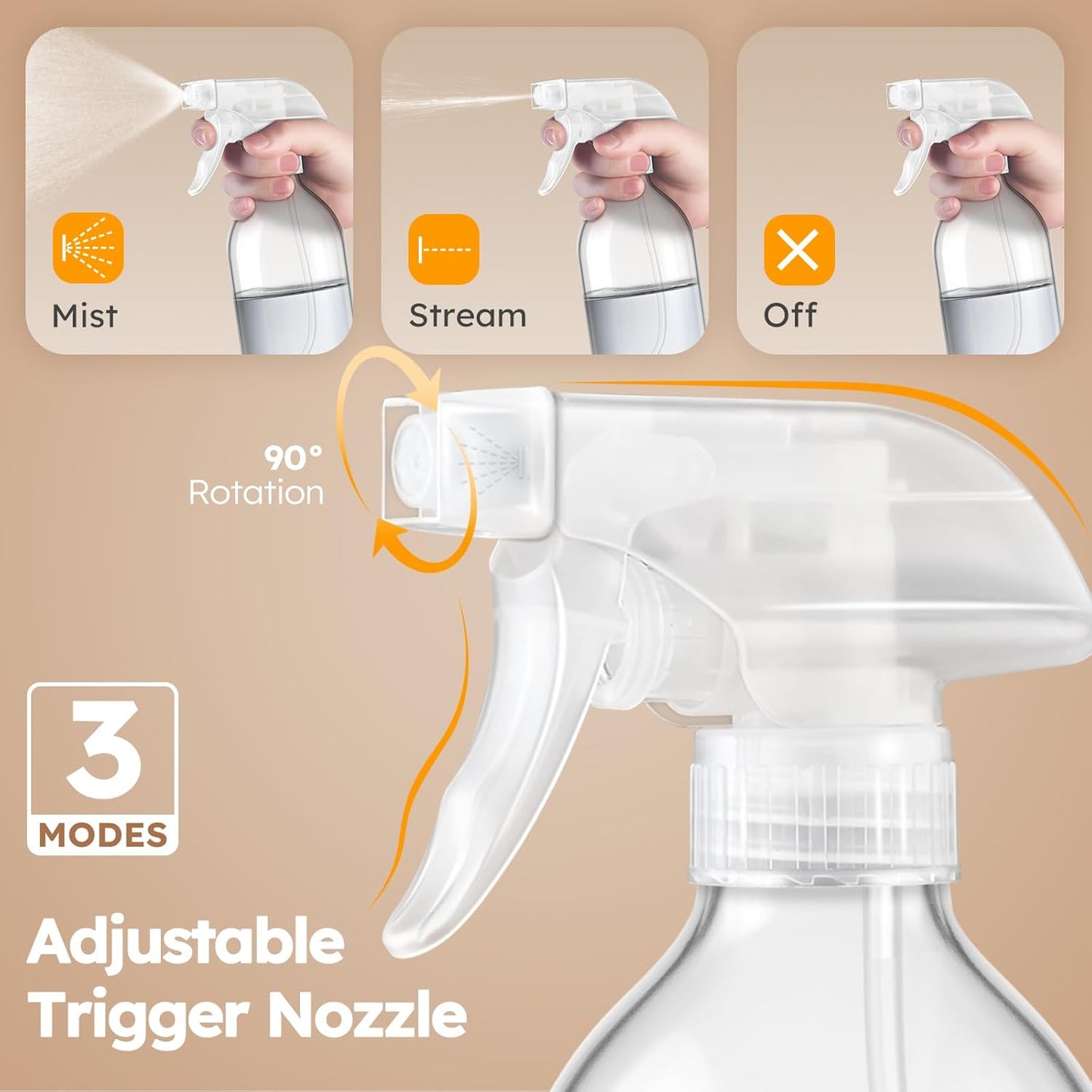 Tecohouse 2 Pack 360° Glass Spray Bottles Clear, 16 oz Empty Refillable Containers with Adjustable Spray Nozzles, Spray Bottles for Cleaning Solutions and Plants