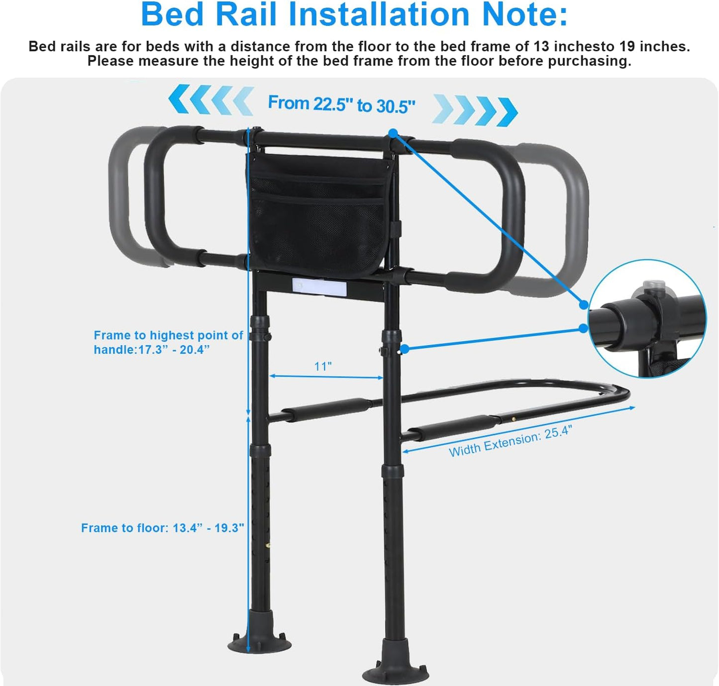 Bed Rails for Elderly Adults Safety - Elderly Assistance Products, Bedrails for Rlderly Adults Grab Bar Bed Handrails, Bed Rail with Pocket, Motion Sensor Light Fits King, Queen, Full, Twin (Black)
