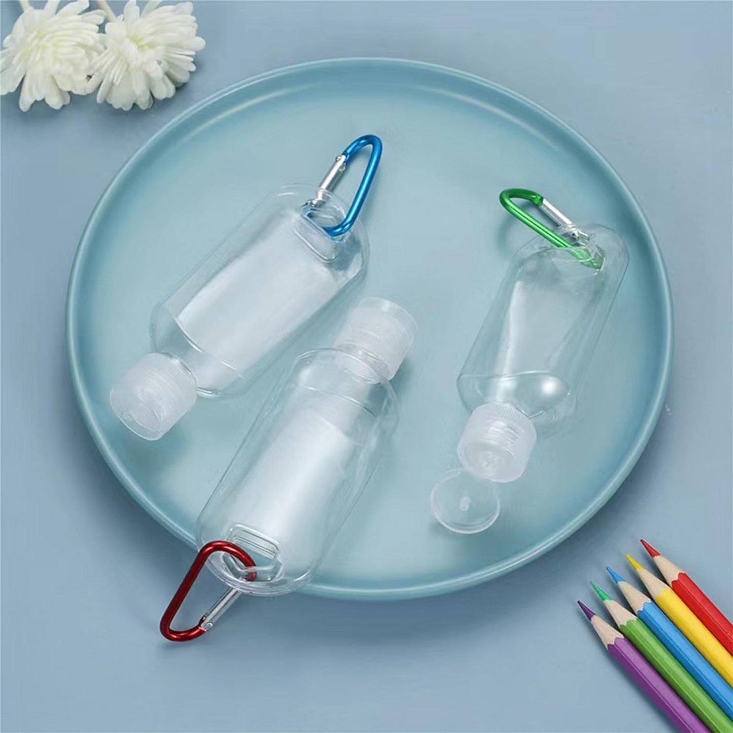 5 Pack Refillable Travel Plastic Bottles Containers with Clip Hand Sanitizer Travel Size Holder with Keychain Empty Bottles for Kids and Adult