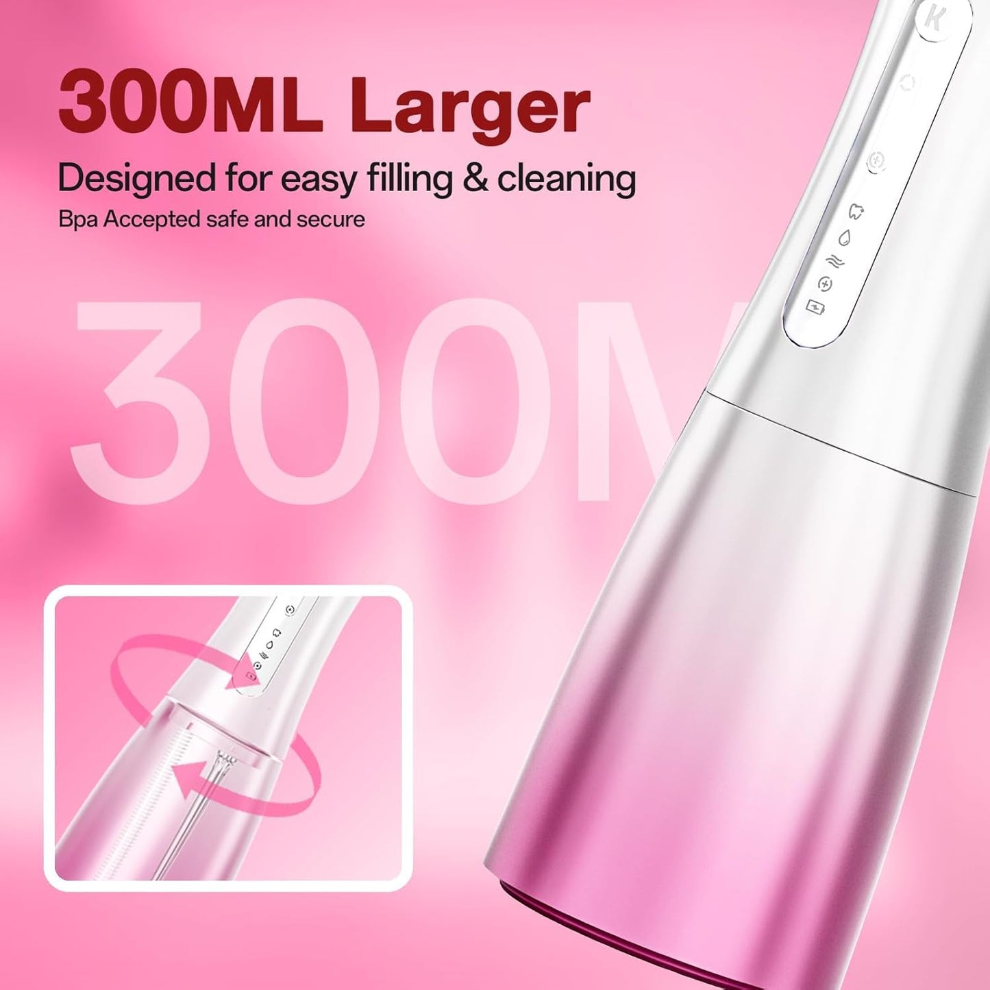 KIWIBIRD Water Dental Flosser with UV-C Sanitization, Cordless Oral Irrigator, 3 Modes & 4 Tips, 300ML BPA-Free Tank, 40-120PSI Portable Teeth Cleaner for Plaque, Home & Travel Use (Pink Ombre)