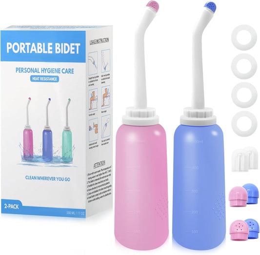 RUFCRIL Peri Bottle, 2-Pack Portable Travel Bidet with Bag, TPE Material Can Be Boiled, 17oz/500ml with 2 Sealing Rings,Essentials for Postpartum Perineal Care,Hemorrhoid Treatment,and Baby(Pink/Blue)