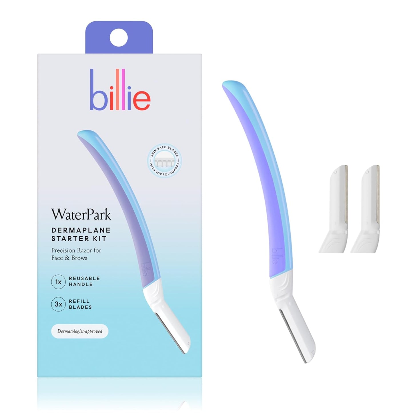 Billie - Dermaplane Starter Kit - Reusable Handle + 3 Refill Blades - Remove Facial Hair + Perfectly Shape Brows - Dermatologist-Approved - WaterPark