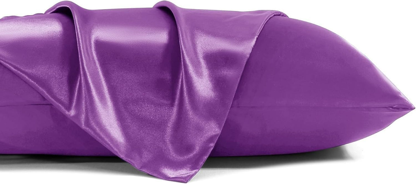 Juwenin Bedding,Luxury Satin Pillowcase with Zipper (Silky Satin Pillow Case for Hair) Set of 2 (Purple, Standard(20''x26''))