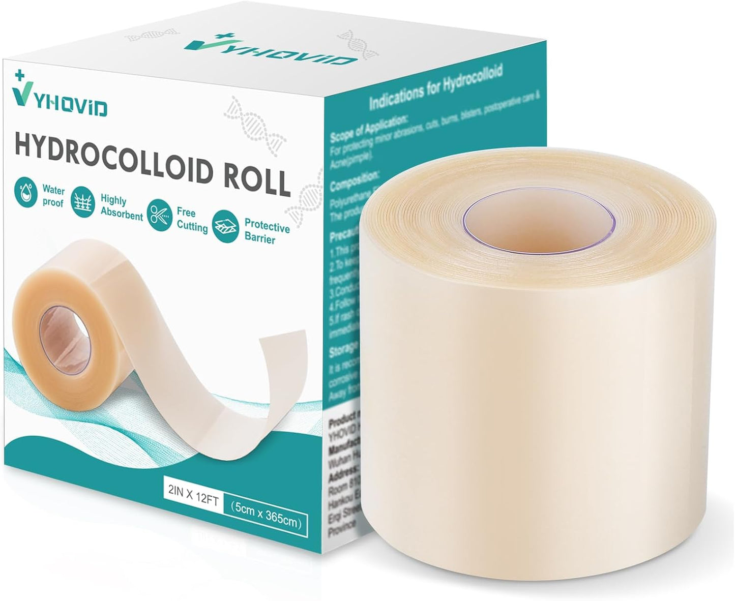 Hydrocolloid Roll for Wound Care, Hydrocolloid Patch Bandages with Self-Adhesive, Bed Sore Bandages, Highly Absorbent for Burn, Blister, Acne Care, Sterile and Waterproof (2in x 12ft)