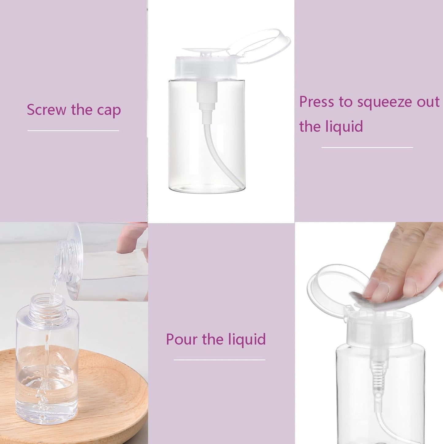 Push Down Pump Dispenser, 6.8oz Clear Pump Bottles with Alcohol, Acetone, Nail Polish Remover, Makeup Remover, Toner Stickers Empty Push Top Container for Liquid (200ml-2Pack)