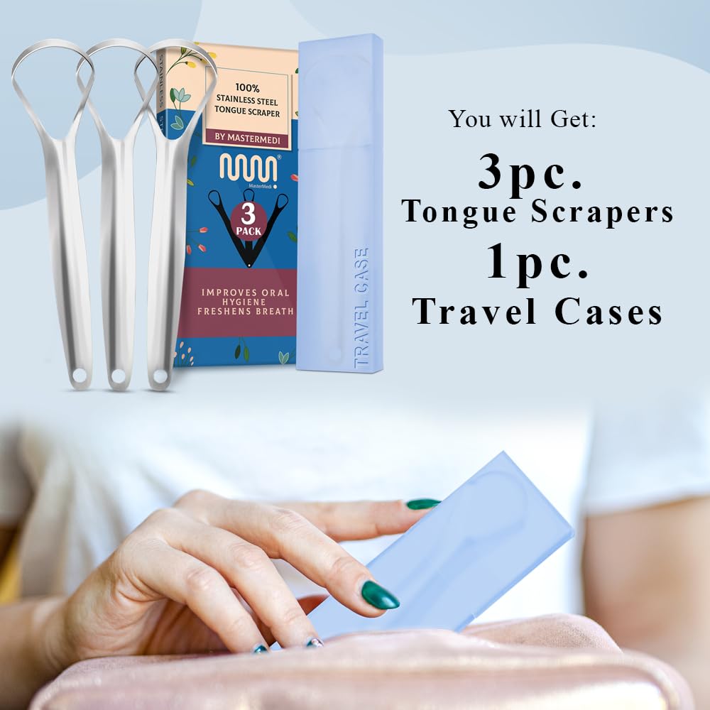 MasterMedi Tongue Scraper for Adults, 100% Stainless Steel for Bad Breath, Easy to Use, Tongue Cleaner for Oral Care (Pack of 3 with 1 Case)