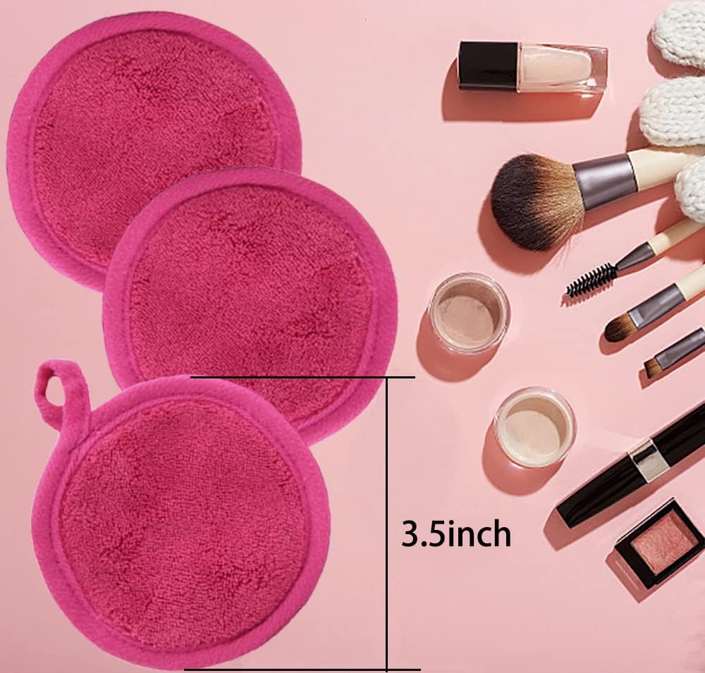Reusable Makeup Remover Pads 16 Pack Microfiber Cleansing Facial Rounds Wipes Face, Eyes, Lips（3.5inch, dark pink）