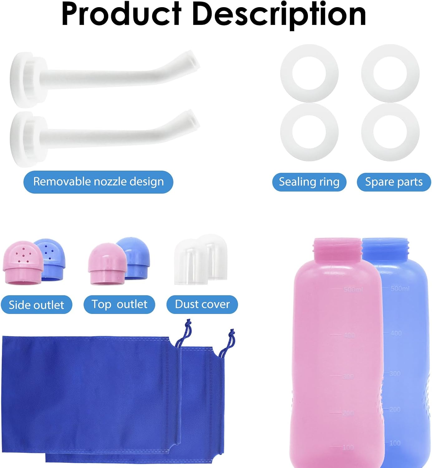 RUFCRIL Peri Bottle, 2-Pack Portable Travel Bidet with Bag, TPE Material Can Be Boiled, 17oz/500ml with 2 Sealing Rings,Essentials for Postpartum Perineal Care,Hemorrhoid Treatment,and Baby(Pink/Blue)
