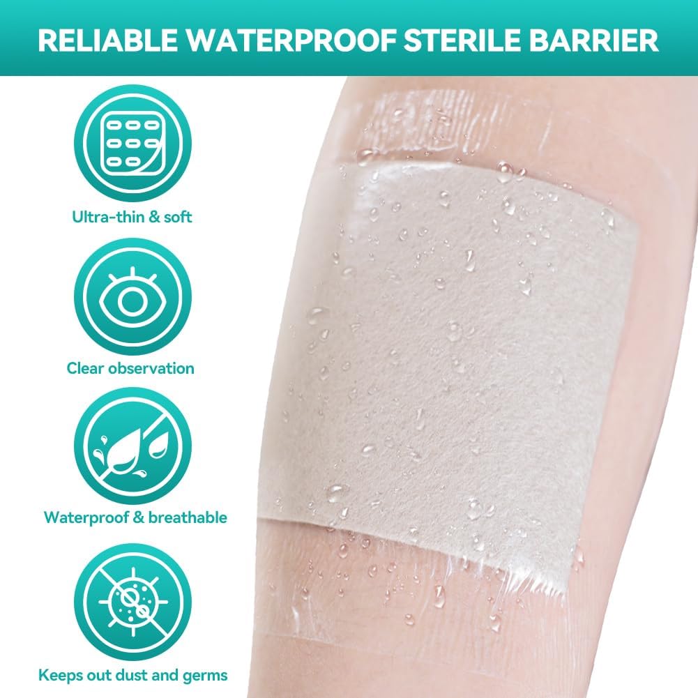 Dimora Waterproof Transparent Film Dressing, Clear Bandage Tape for Wound Care, Adhesive Post Surgical Cover Pad，for IV Shield, Tattoo Aftercare, Shower Protector 4x4 3/4 inch 100 Packs